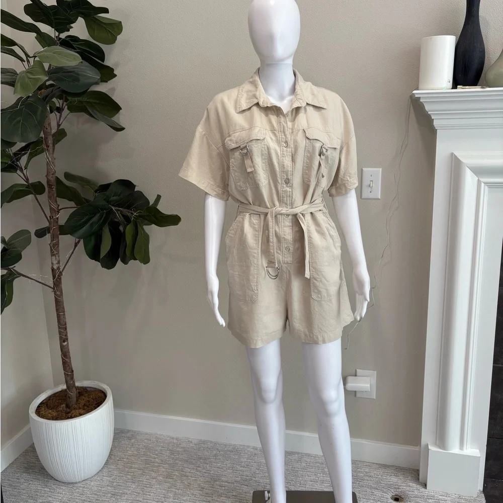 Zara Linen Blend Button Down Shirt Romper Size Large Cargo Pocket Utility Belted